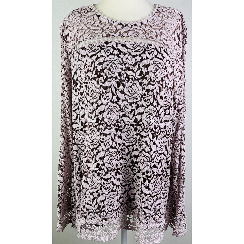 Vintage Womans Y2K Crushed Velvet Burnout Top XL Crochet Lace Long Bell Sleeve